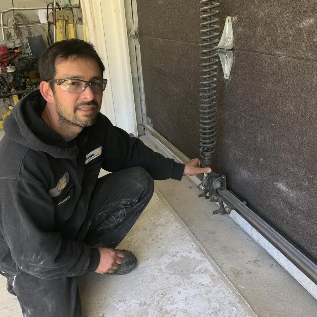 Technician checking a torsion spring above a Hamilton County garage opening
